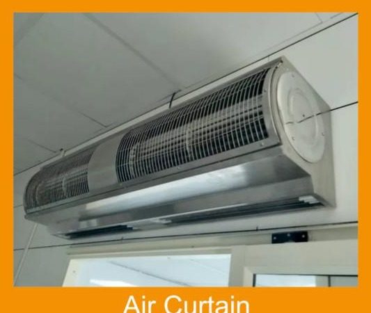 Air curtain installed above a doorway